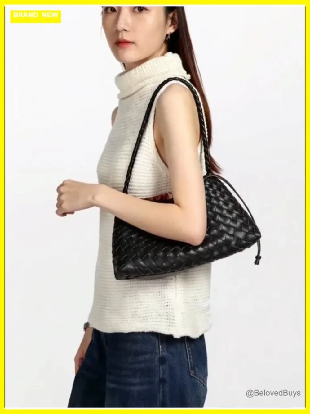 Vintage Faux Leather Hand-Woven Shoulder Hobo Bag with Detachable Drawstring
